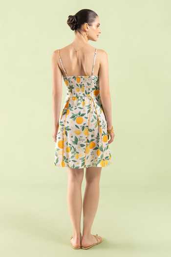 Shop_Zazu_Green Cotton Satin Square Neck Lemon Grove Short Dress _at_Aza_Fashions