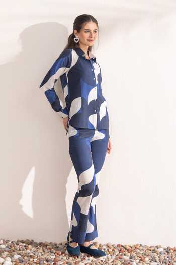 Zazu_Blue Cotton Collared Navy Geometric Print Shirt And Trouser Set _Online_at_Aza_Fashions