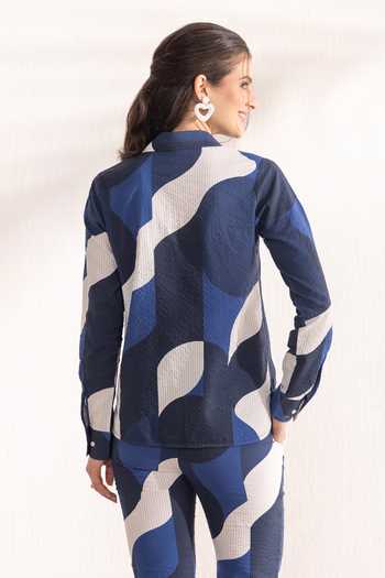 Shop_Zazu_Blue Cotton Collared Navy Geometric Print Shirt And Trouser Set _at_Aza_Fashions