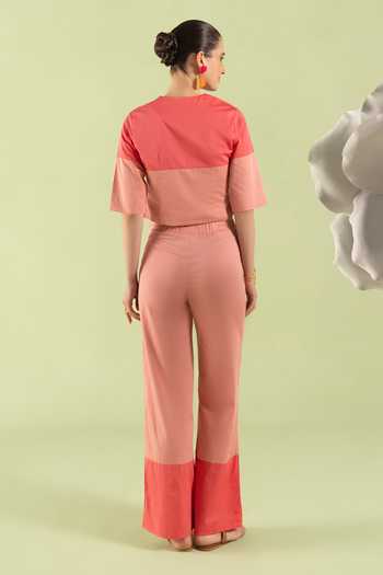 Shop_Zazu_Pink Cotton Satin Mandarin Collar Rose Color Block Top And Trouser Set _at_Aza_Fashions
