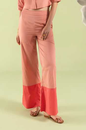 Zazu_Pink Cotton Satin Mandarin Collar Rose Color Block Top And Trouser Set _Online_at_Aza_Fashions