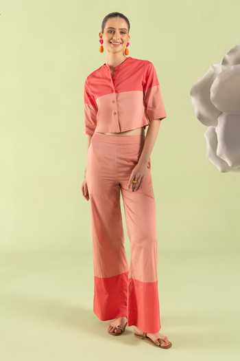 Buy_Zazu_Pink Cotton Satin Mandarin Collar Rose Color Block Top And Trouser Set _at_Aza_Fashions