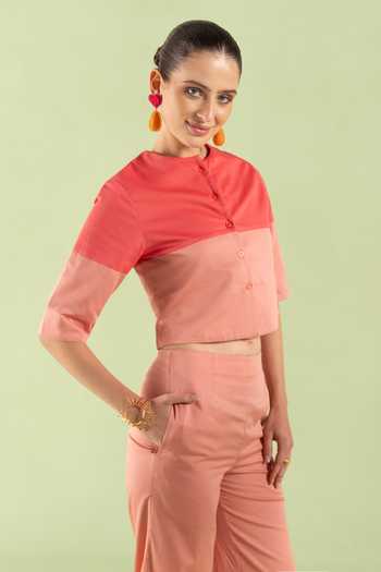 Shop_Zazu_Pink Cotton Satin Mandarin Collar Rose Color Block Top And Trouser Set _Online_at_Aza_Fashions