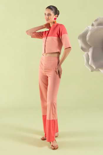 Zazu_Pink Cotton Satin Mandarin Collar Rose Color Block Top And Trouser Set _at_Aza_Fashions
