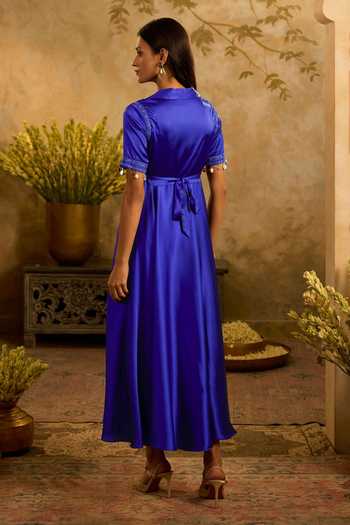 Shop_Zazu_Sapphire Satin, Polyester Collared Front Cut-out Dress _at_Aza_Fashions
