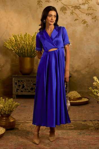 Shop_Zazu_Sapphire Satin, Polyester Collared Front Cut-out Dress _Online_at_Aza_Fashions