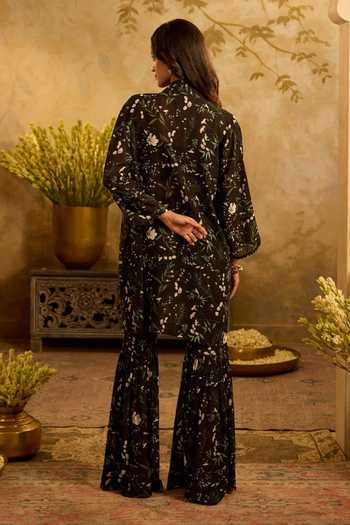 Shop_Zazu_Black Georgette, Rayon, Polyester Open Neck, Floral Print Jacket Sharara Set _at_Aza_Fashions