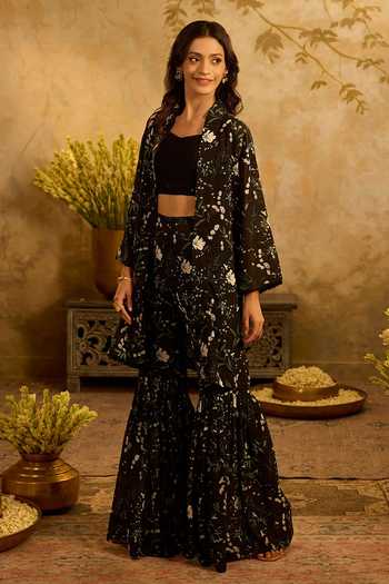 Shop_Zazu_Black Georgette, Rayon, Polyester Open Neck, Floral Print Jacket Sharara Set _Online_at_Aza_Fashions