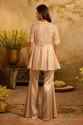 Shop_Zazu_Beige Organza, Satin Mandarin Collar Embroidered Peplum Top Trouer Set _at_Aza_Fashions