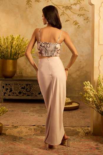 Shop_Zazu_Pink Silk, Modal, Satin Embroidery, Sequins Floral Pattern Corset And Skirt Set _at_Aza_Fashions