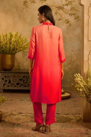 Shop_Zazu_Pink Satin, Modal Split V-neck, Yes Ombre Straight Kurta And Pant Set _at_Aza_Fashions