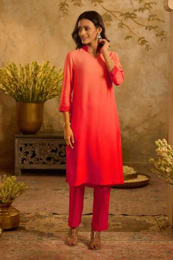 Buy_Zazu_Pink Satin, Modal Split V-neck, Yes Ombre Straight Kurta And Pant Set _at_Aza_Fashions