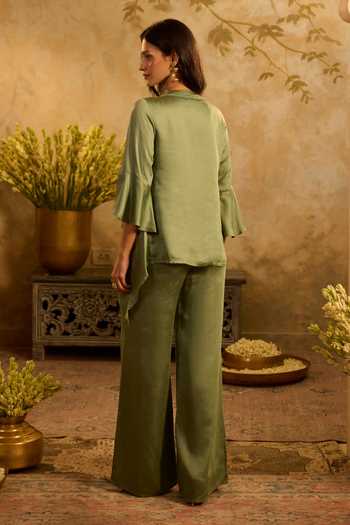 Shop_Zazu_Green Satin, Rayon Round Neck Asymmetrical Top And Pant Set _at_Aza_Fashions