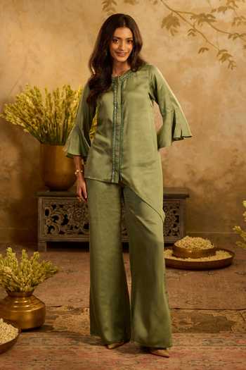 Buy_Zazu_Green Satin, Rayon Round Neck Asymmetrical Top And Pant Set _at_Aza_Fashions