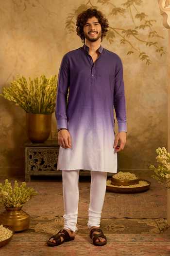 Buy_Zazu_White Cotton Satin, Rayon Ombre Kurta And Pant Set _at_Aza_Fashions