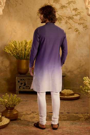 Shop_Zazu_White Cotton Satin, Rayon Ombre Kurta And Pant Set _at_Aza_Fashions