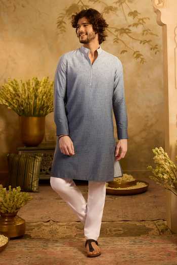 Shop_Zazu_Blue Cotton Satin, Lycra Mist Ombre Kurta And Pant Set _Online_at_Aza_Fashions