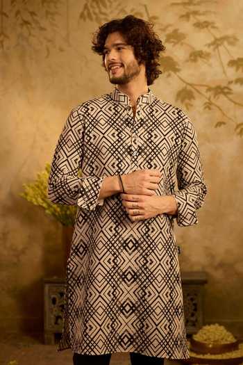 Shop_Zazu_Black Cotton, Rayon Noir Mosaic Kurta Set _Online_at_Aza_Fashions