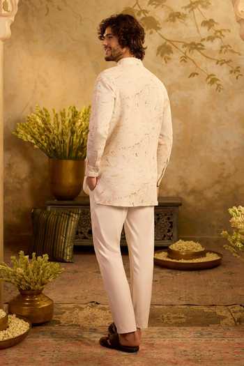 Shop_Zazu_White Cotton, Lycra Marble Kurta And Pant Set _at_Aza_Fashions