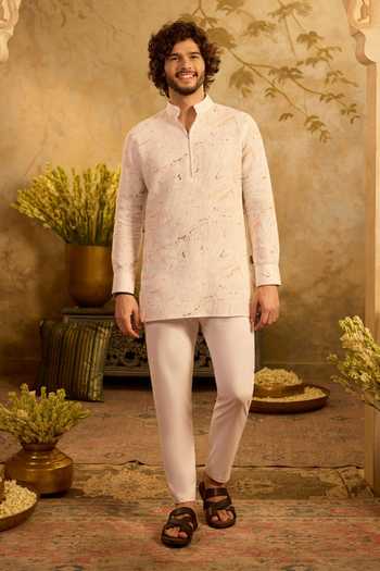 Buy_Zazu_White Cotton, Lycra Marble Kurta And Pant Set _at_Aza_Fashions