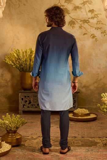 Shop_Zazu_Blue , Satin, Satin, Rayon Ombre Kurta And Pant Set _at_Aza_Fashions