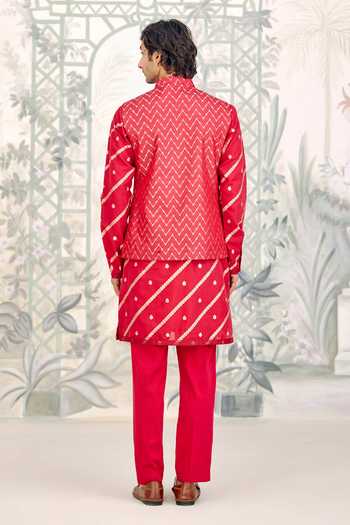 Shop_Shyam Narayan Prasad_Maroon Chanderi, Brocade Zari Kurta Set With Bundi _at_Aza_Fashions