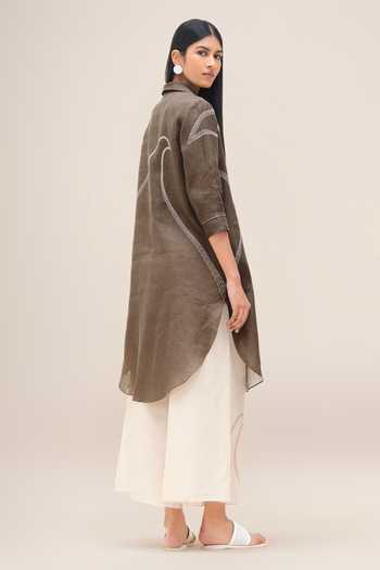 Shop_Ampm_Brown Linen Collared, Yes Yuhina Kurta And Palazzo Set _at_Aza_Fashions