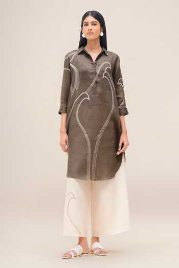 Buy_Ampm_Brown Linen Collared, Yes Yuhina Kurta And Palazzo Set _at_Aza_Fashions