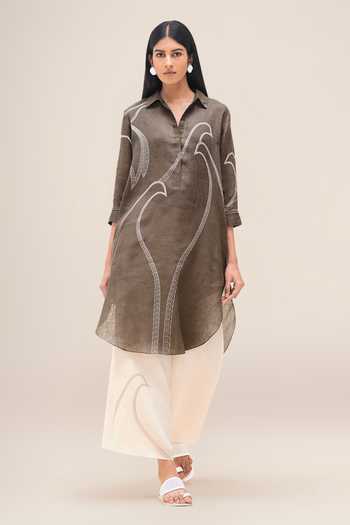Shop_Ampm_Brown Linen Collared, Yes Yuhina Kurta And Palazzo Set _Online_at_Aza_Fashions