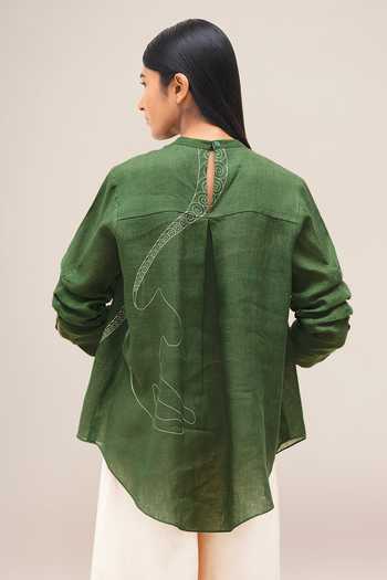 Shop_Ampm_Green Linen Round Neck Aquila Shirt And Palazzo Set _at_Aza_Fashions