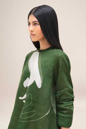 Shop_Ampm_Green Linen Round Neck Aquila Shirt And Palazzo Set 