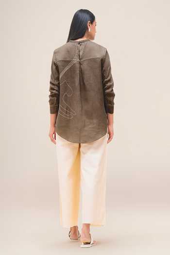Ampm_Brown Linen Round Neck Aquila Shirt And Palazzo Set _Online_at_Aza_Fashions