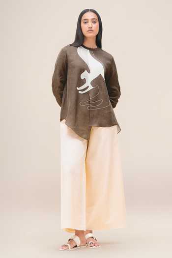 Buy_Ampm_Brown Linen Round Neck Aquila Shirt And Palazzo Set 