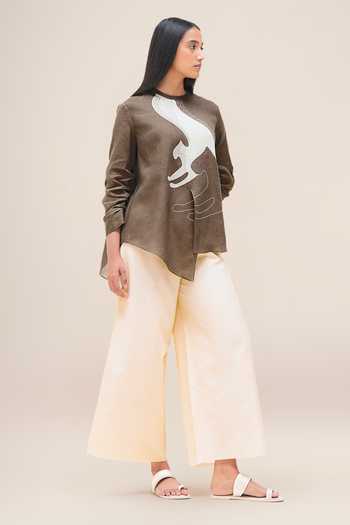 Shop_Ampm_Brown Linen Round Neck Aquila Shirt And Palazzo Set 