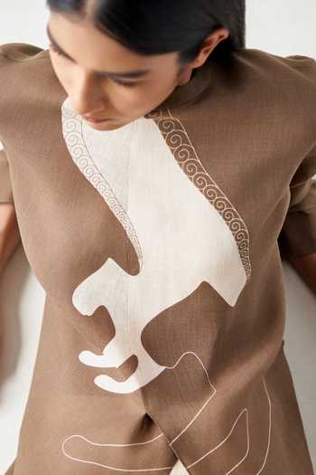 Ampm_Brown Linen Round Neck Aquila Shirt And Palazzo Set _Online