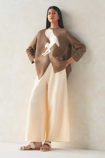 Ampm_Brown Linen Round Neck Aquila Shirt And Palazzo Set 