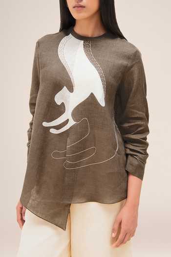 Ampm_Brown Linen Round Neck Aquila Shirt And Palazzo Set 