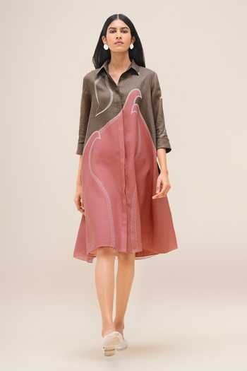 Shop_Ampm_Multicolor Linen Collared Lark Shirt Dress _Online_at_Aza_Fashions