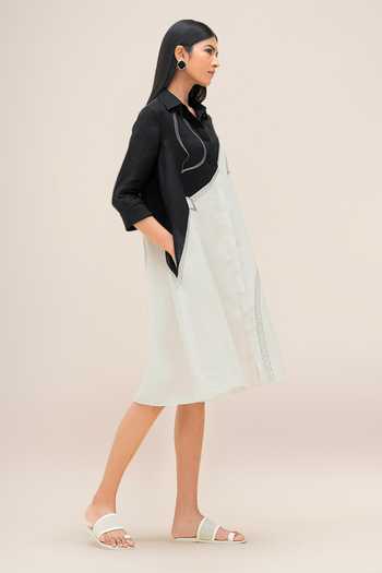 Ampm_Black Linen Collared Neck Lark Shirt Dress Midi Women _at_Aza_Fashions