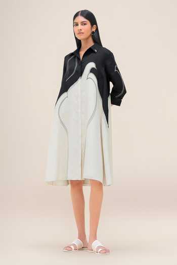 Shop_Ampm_Black Linen Collared Neck Lark Shirt Dress Midi Women 