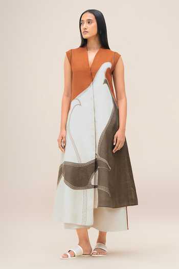 Ampm_Ivory Linen V-neck Swan Printed Jacket And Palazzo Set _at_Aza_Fashions