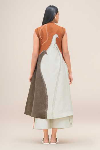 Ampm_Ivory Linen V-neck Swan Printed Jacket And Palazzo Set _Online_at_Aza_Fashions