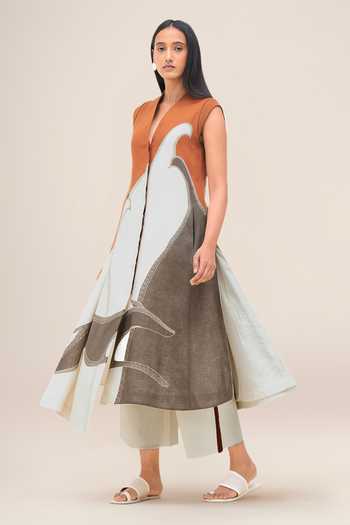 Shop_Ampm_Ivory Linen V-neck Swan Printed Jacket And Palazzo Set 