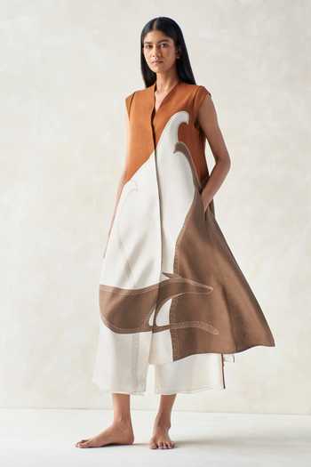 Ampm_Ivory Linen V-neck Swan Printed Jacket And Palazzo Set _Online