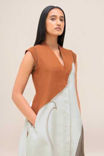 Shop_Ampm_Ivory Linen V-neck Swan Printed Jacket And Palazzo Set _Online
