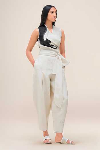 Buy_Ampm_Black Linen V-neck Robin Top And Pant Set _at_Aza_Fashions