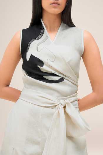 Ampm_Black Linen V-neck Robin Top And Pant Set _Online