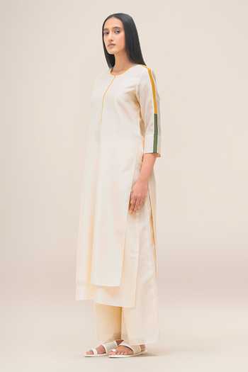 Ampm_Cream Chanderi Round Neck Koyal Kurta Set _Online_at_Aza_Fashions