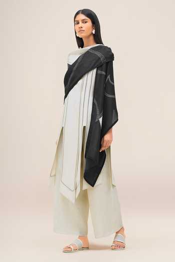 Ampm_Black Avis Bird Motif Filigree Silk Scarf _Online_at_Aza_Fashions