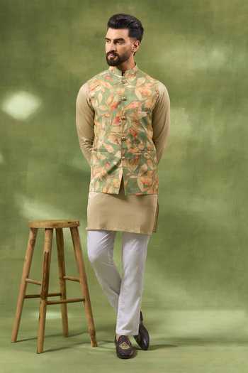 Shop_SPRING BREAK_Green Silk, Satin, Botanical Print Bundi And Kurta Set _at_Aza_Fashions